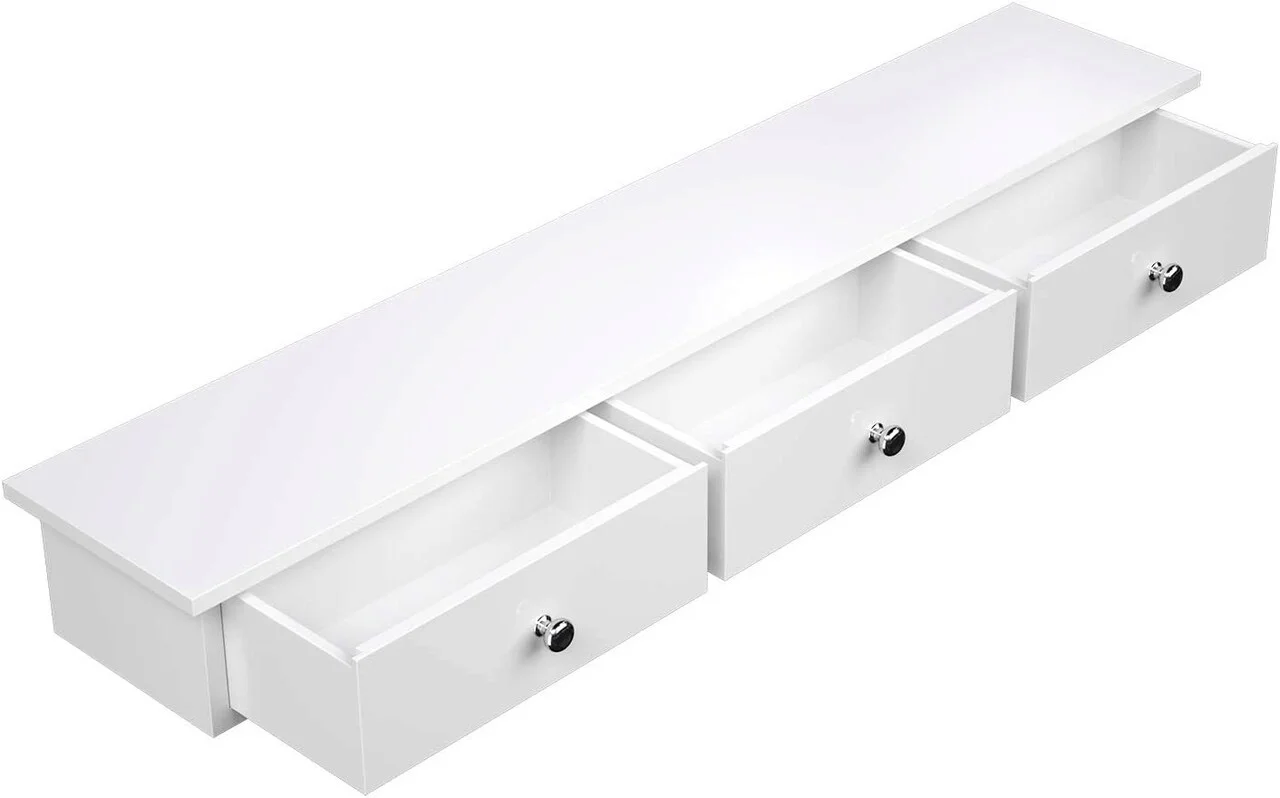 Raft de perete cu 3 sertare, Songmics, 80 x 15 x 10 cm, MDF, alb Raft de perete cu 3 sertare, Songmics, 80 x 15 x 10 cm, MDF, alb