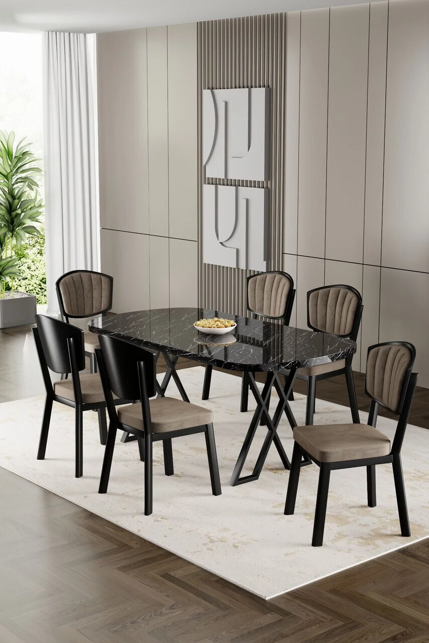 Set masa si scaune (7 piese), Hanah Home, Flori, Model de marmură neagră / Cappuccino Set masa si scaune (7 piese), Hanah Home, Flori, Model de marmură neagră / Cappuccino