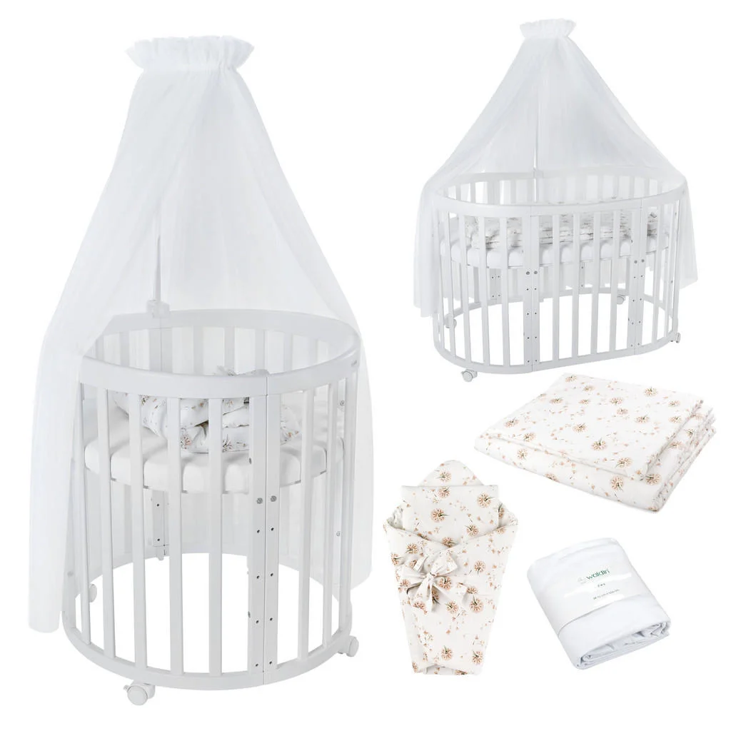 PĂTUȚ bebe Alb oval 7in1 cu saltea și set baldachin PĂTUȚ bebe Alb oval 7in1 cu saltea și set baldachin