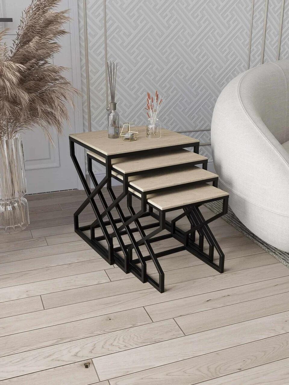 Set masute Nesting 4 piese, Hanah Home, Ela, Negru / Travertin Set masute Nesting 4 piese, Hanah Home, Ela, Negru / Travertin