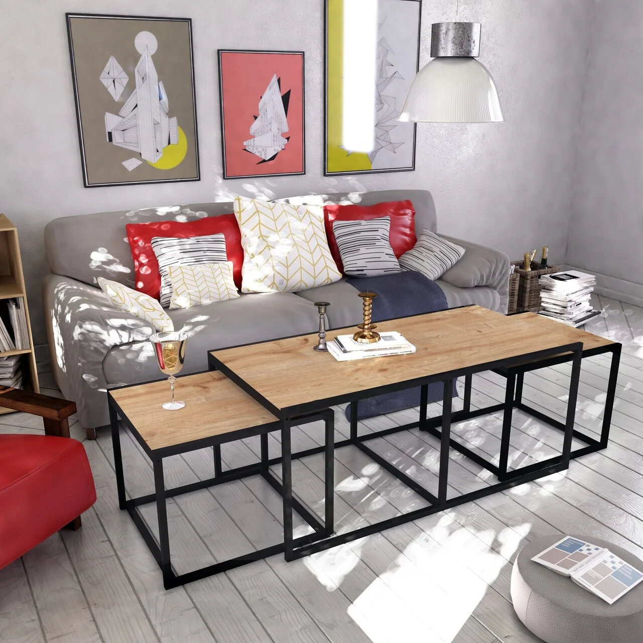 Set 3 masute de cafea, Zena Home, Gigante, 120 x 50 x 60 cm, pal melaminat, stejar/negru Set 3 masute de cafea, Zena Home, Gigante, 120 x 50 x 60 cm, pal melaminat, stejar/negru