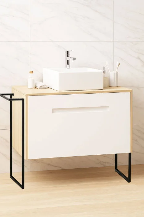 Set Baza front MDF si Lavoar seria 401, cu sertare, cadru metalic, montat, 90 cm, fag Set Baza front MDF si Lavoar seria 401, cu sertare, cadru metalic, montat, 90 cm, fag