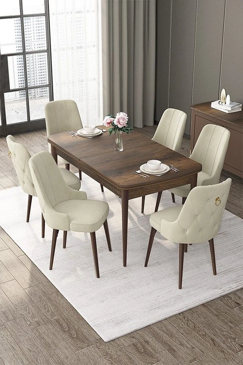 Set masa extensibila si scaune (7 piese), Hanah Home, Nex, Model baroc din lemn / Crem Set masa extensibila si scaune (7 piese), Hanah Home, Nex, Model baroc din lemn / Crem