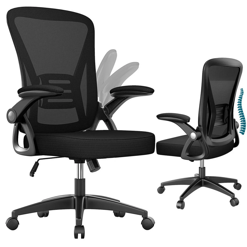 SCAUN DE BIROU ROTATIV ergonomic cu spătar mediu și cotiere rabatabile – Negru