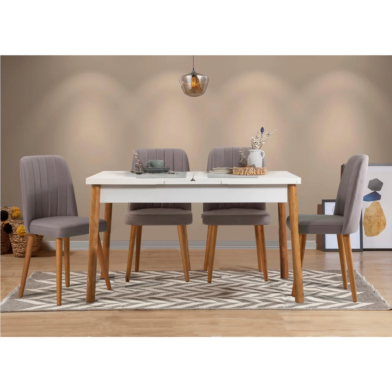 Set masa extensibila si scaune (5 piese), Hanah Home, Santiago White Grey Atlantic Pine, Pin Atlantic / Alb / Gri Set masa extensibila si scaune (5 piese), Hanah Home, Santiago White Grey Atlantic Pine, Pin Atlantic / Alb / Gri