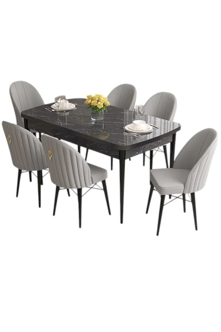 Set masa extensibila si scaune (7 piese), Hanah Home, Elf, Model de marmură neagră / Gri Set masa extensibila si scaune (7 piese), Hanah Home, Elf, Model de marmură neagră / Gri