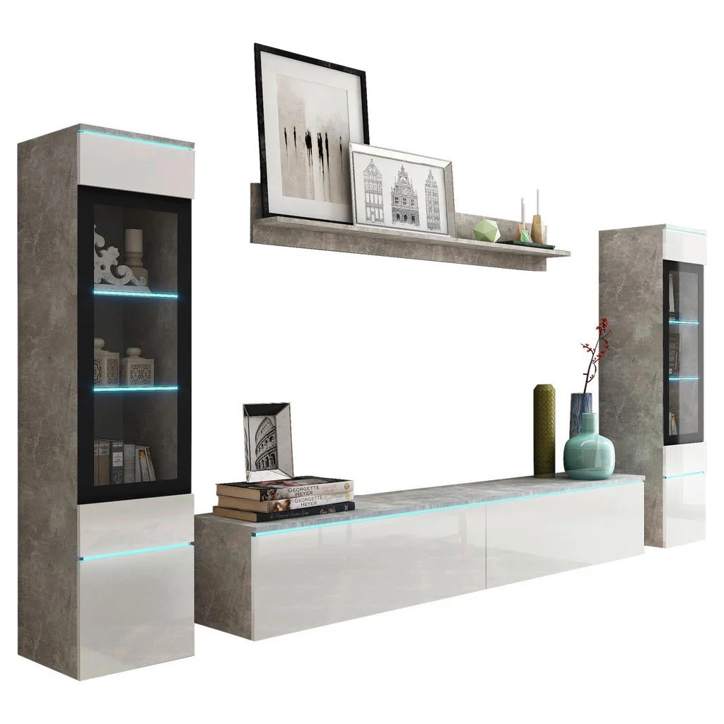 Set Mobilă Living, 4 piese, gri, alb lucios intens, 240/130/33 cm Set Mobilă Living, 4 piese, gri, alb lucios intens, 240/130/33 cm
