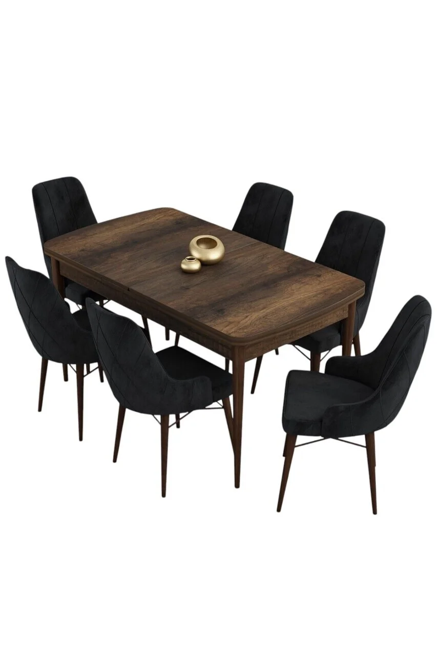 Set masa extensibila si scaune (7 piese), Hanah Home, Kar, Model baroc din lemn / Negru Set masa extensibila si scaune (7 piese), Hanah Home, Kar, Model baroc din lemn / Negru