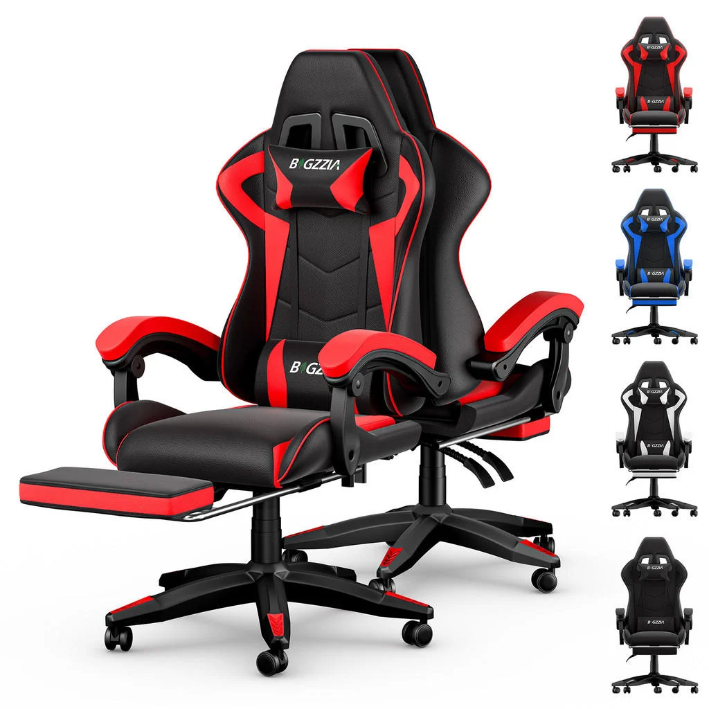 SCAUN GAMING cu înălțime reglabilă, suport pentru picioare și pernă lombară – Negru/Roșu