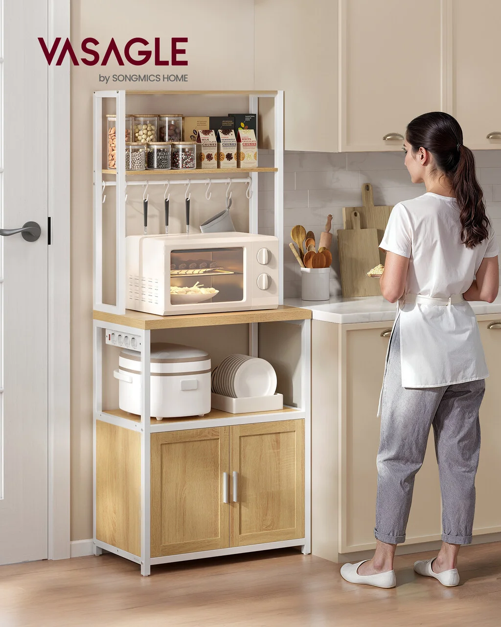 Dulap de bucatarie Coffee Bar, Vasagle, 60x40x170 cm, PAL/otel, alb/natural Dulap de bucatarie Coffee Bar, Vasagle, 60x40x170 cm, PAL/otel, alb/natural