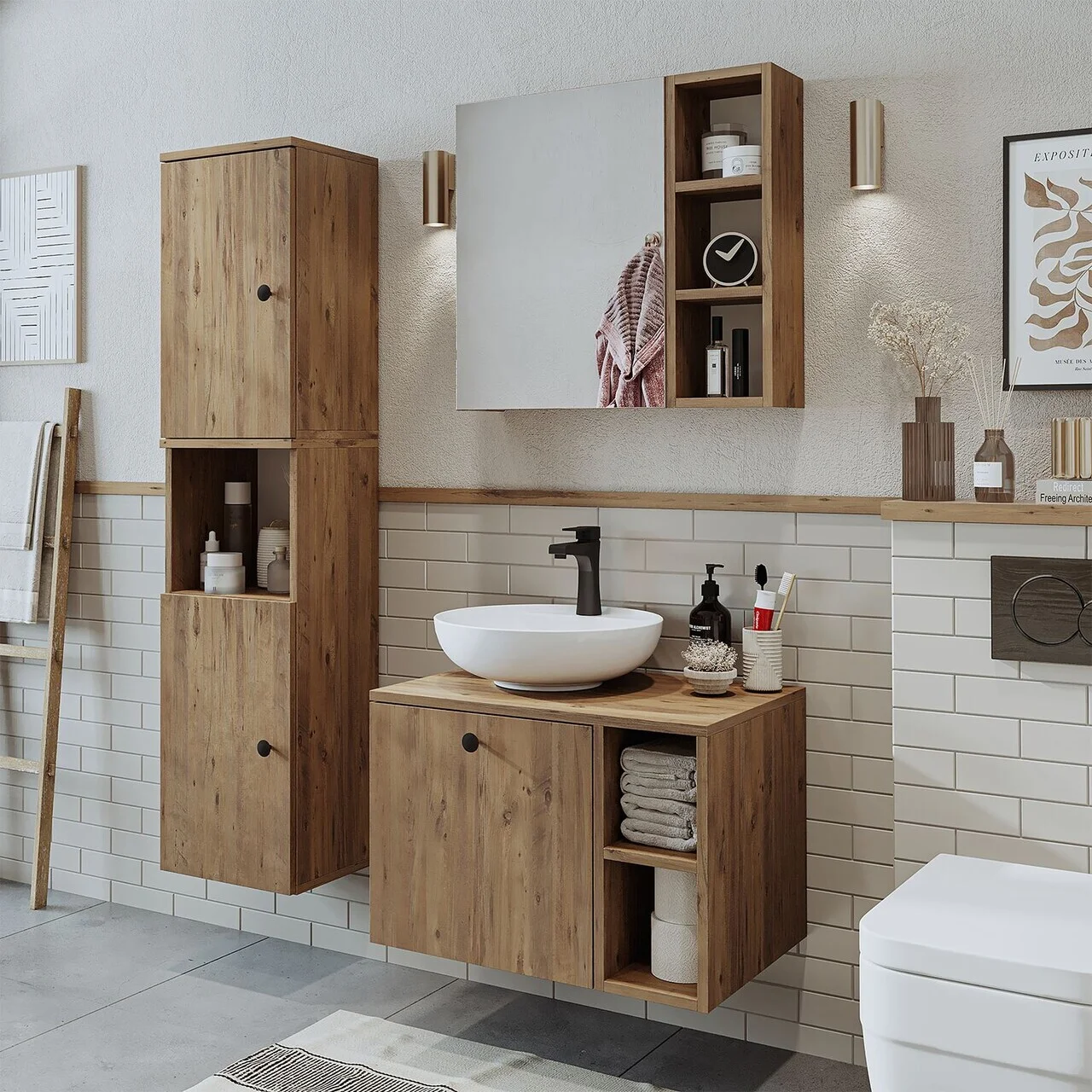 Set Dulap de Baie cu Chiuvetă și Oglindă (3 Piese), Hanah Home, 2483, MDF, Maro Set Dulap de Baie cu Chiuvetă și Oglindă (3 Piese), Hanah Home, 2483, MDF, Maro