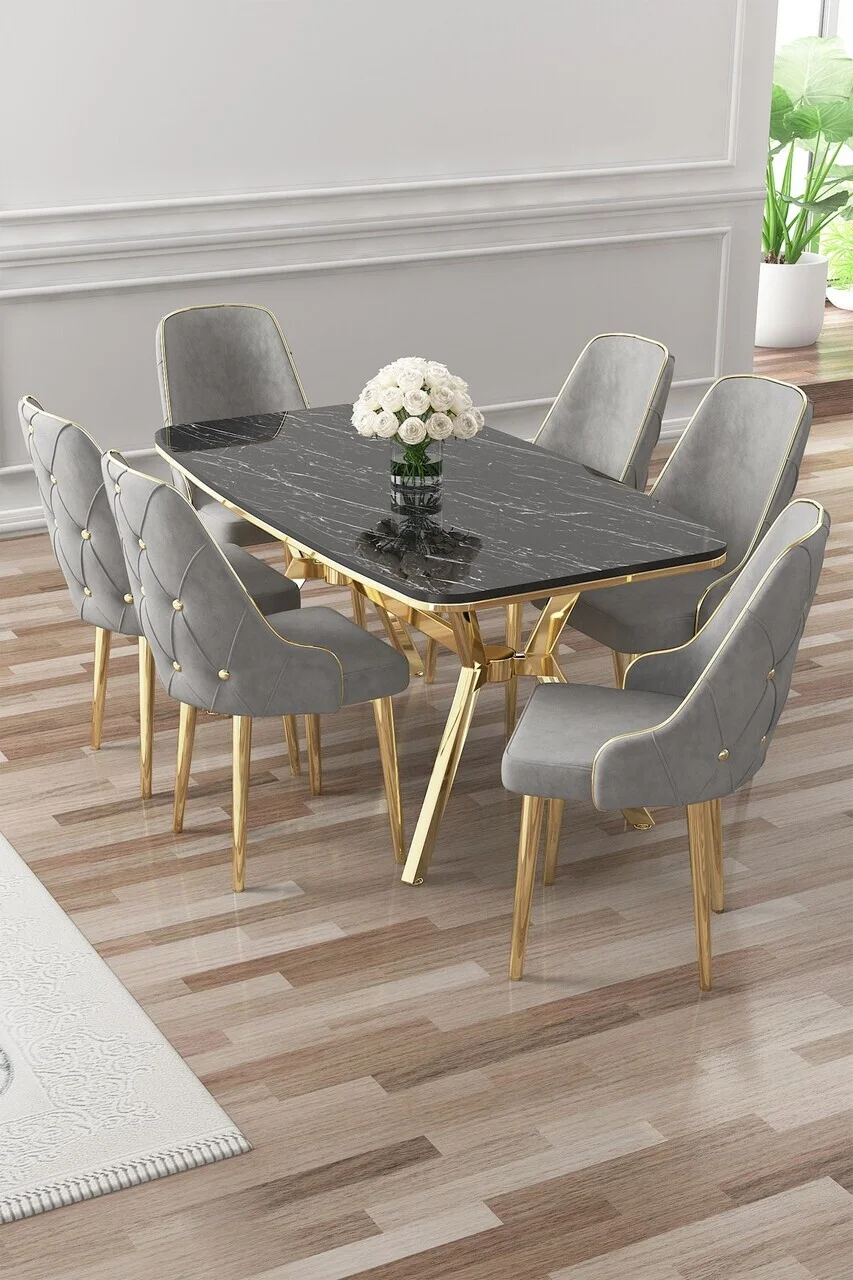 Set masa si scaune (7 piese), Hanah Home, Asel, Sonata / Auriu / Gri Set masa si scaune (7 piese), Hanah Home, Asel, Sonata / Auriu / Gri