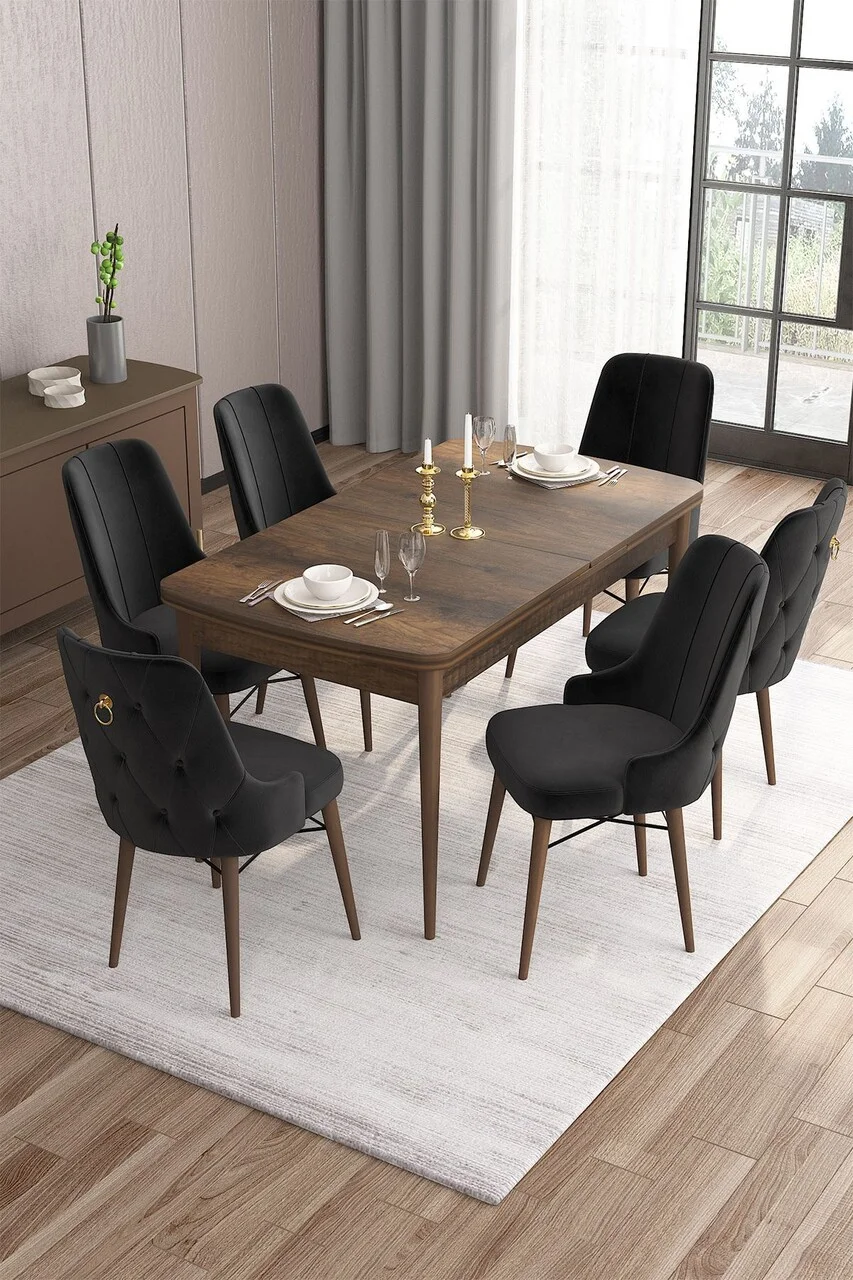 Set masa extensibila si scaune (7 piese), Hanah Home, Are, Baroc / Negru Set masa extensibila si scaune (7 piese), Hanah Home, Are, Baroc / Negru