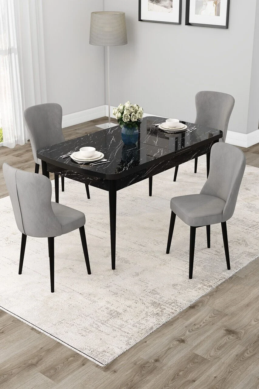 Set masa extensibila si scaune (5 piese), Hanah Home, Due, Model de marmură neagră / Gri Set masa extensibila si scaune (5 piese), Hanah Home, Due, Model de marmură neagră / Gri
