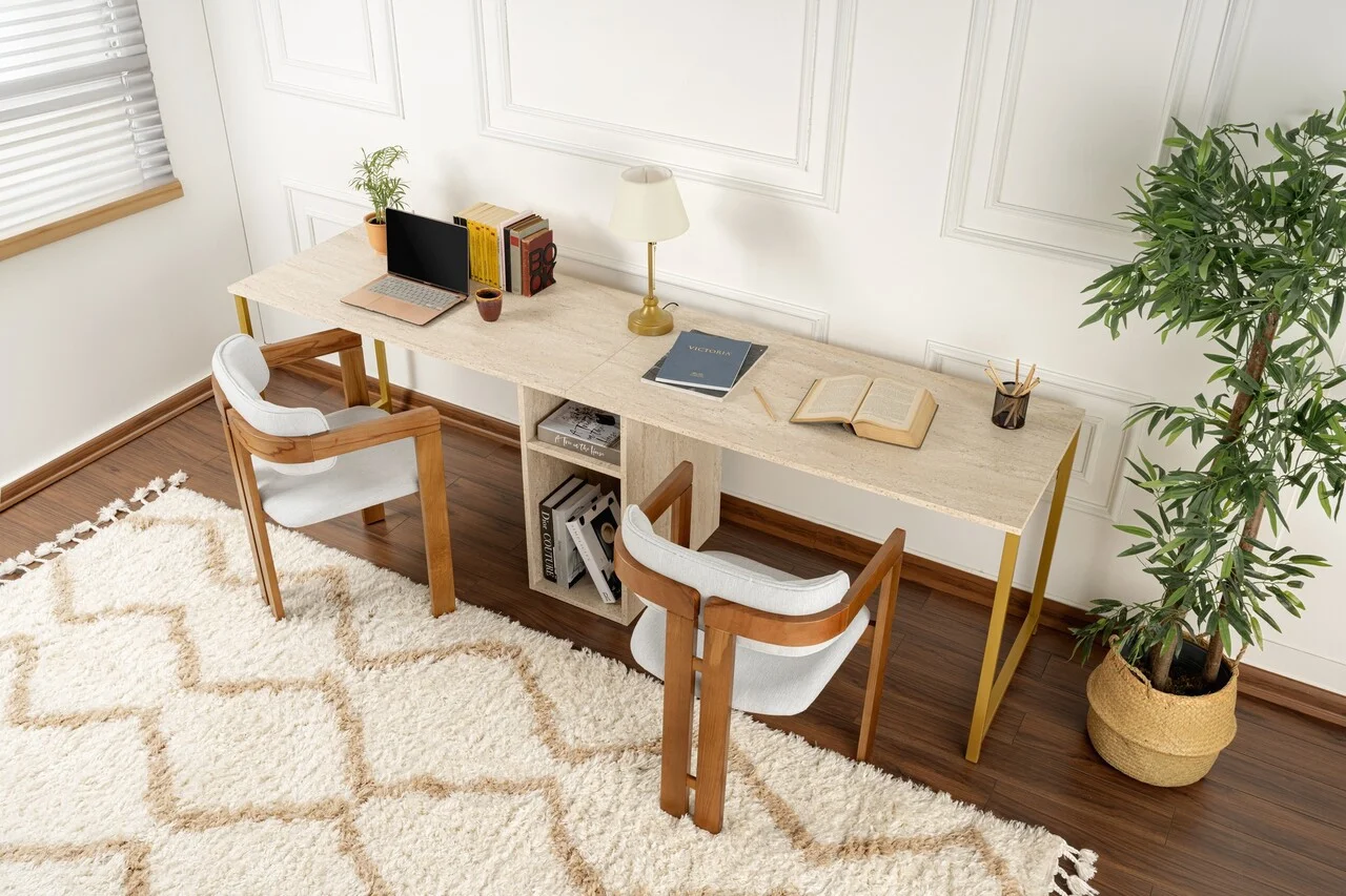 Birou, Hanah Home, Twin Study Desk, 240x74x60 cm, Travertin / Auriu Birou, Hanah Home, Twin Study Desk, 240x74x60 cm, Travertin / Auriu