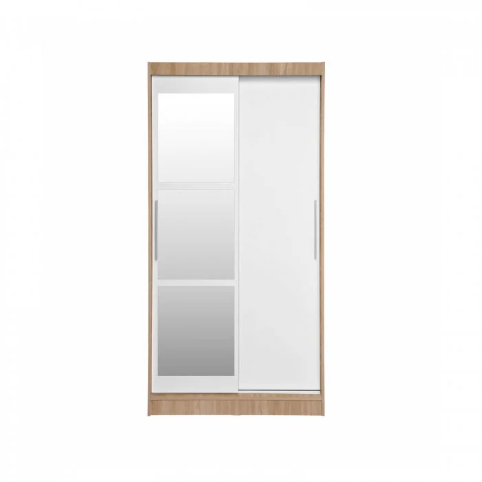 Dulap KOSS 02, cu usi glisante si oglinda, corp sonoma + usi alb, 100x60x200 cm Dulap KOSS 02, cu usi glisante si oglinda, corp sonoma + usi alb, 100x60x200 cm