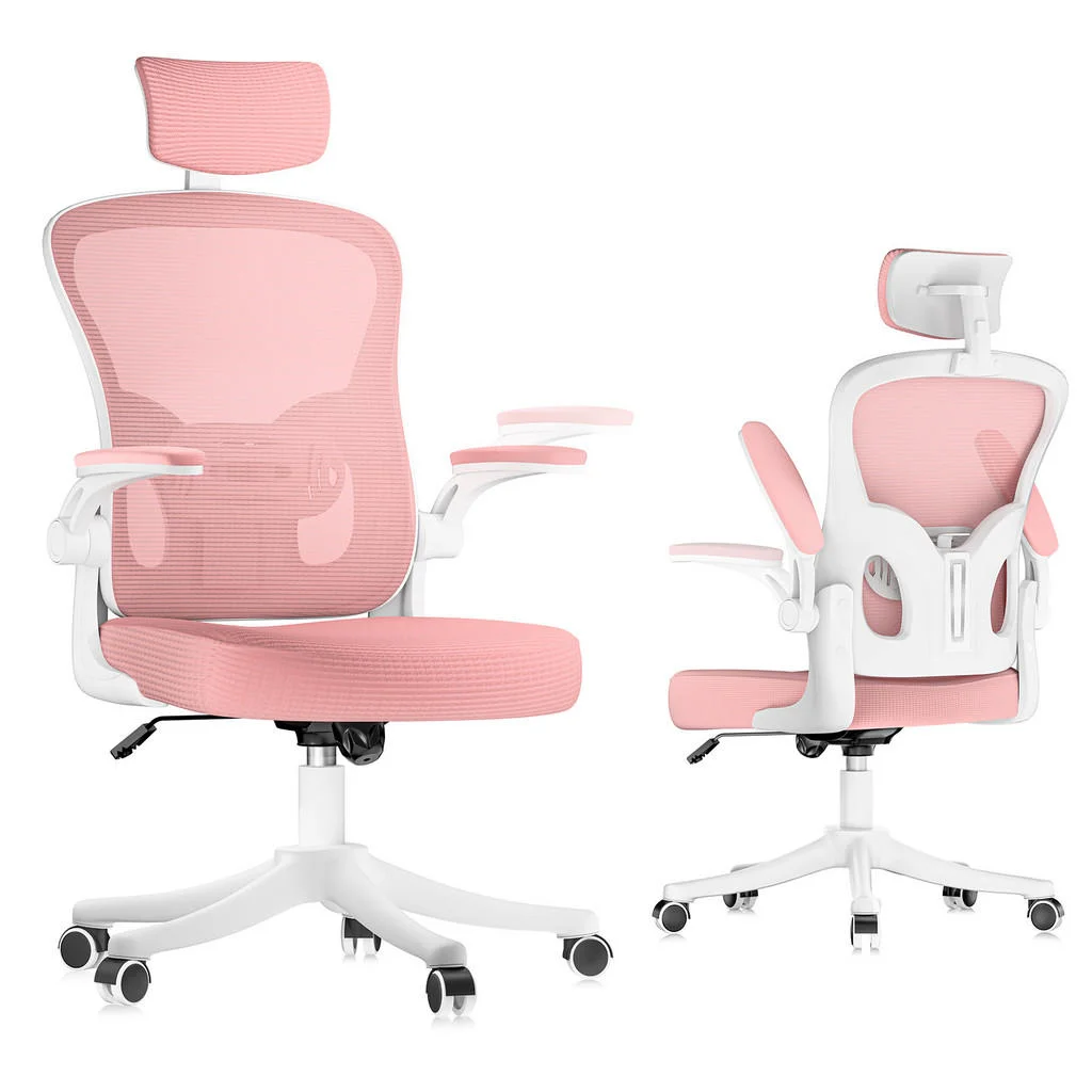SCAUN DE BIROU ergonomic cu înălțime reglabilă, cotiere rabatabile și tetieră – Roz
