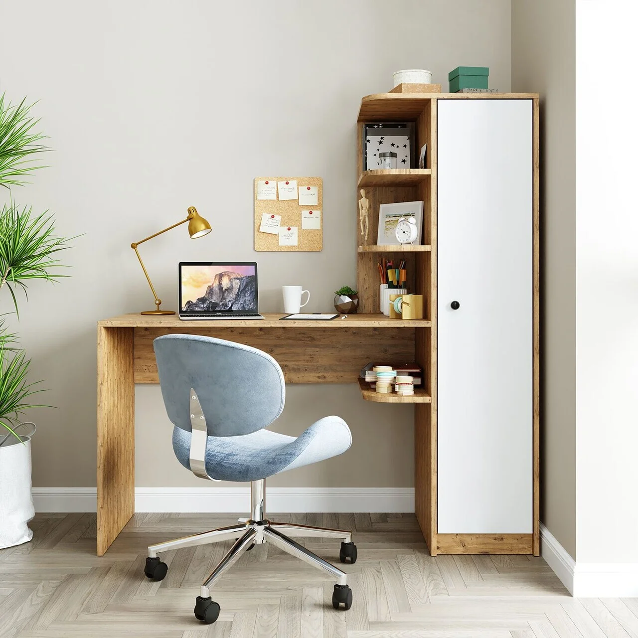 Set birou si biblioteca, Hanah Home, 2073, 143.2x143.2x50 cm, PAL MELAMINAT, Pin Atlantic / Alb Set birou si biblioteca, Hanah Home, 2073, 143.2x143.2x50 cm, PAL MELAMINAT, Pin Atlantic / Alb