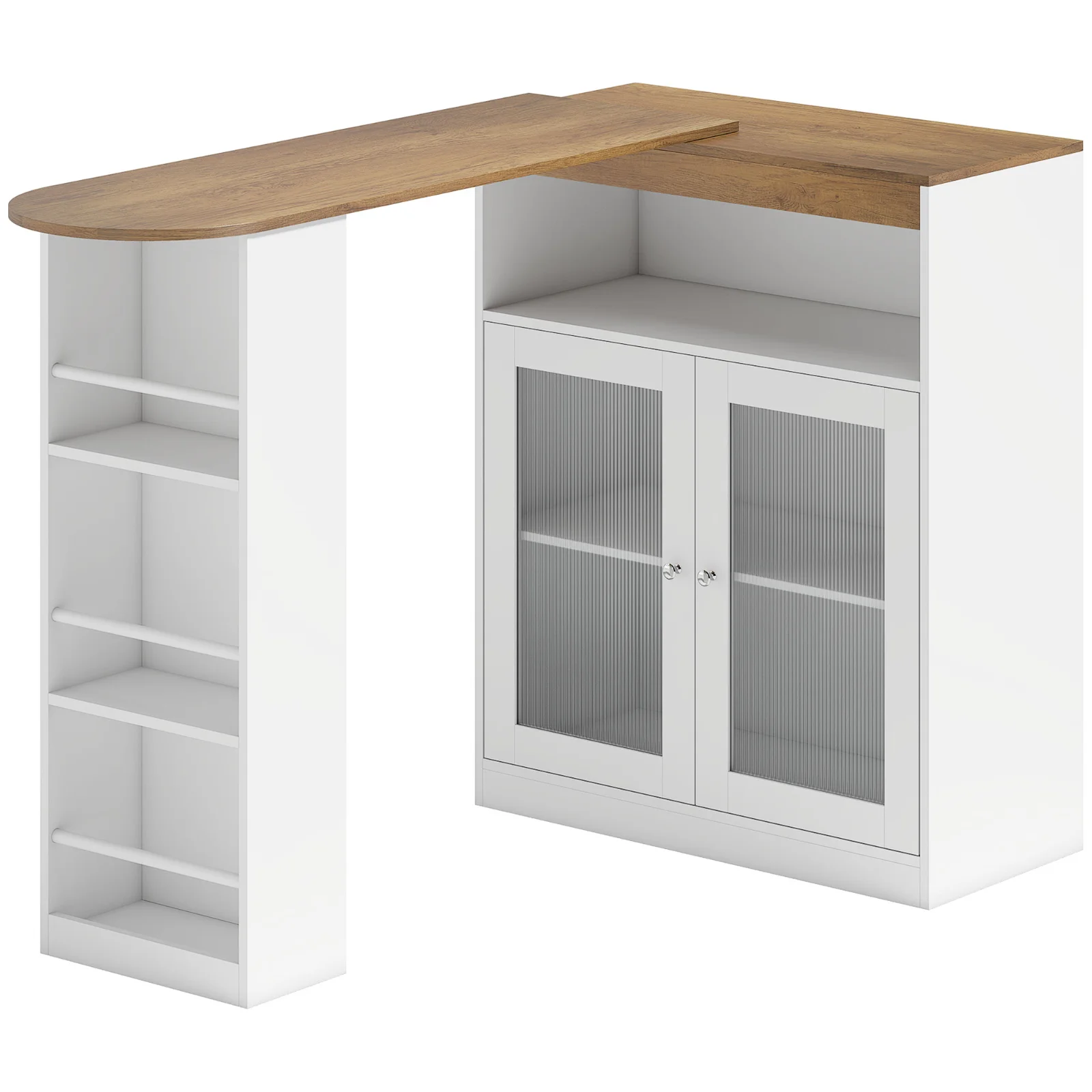 HOMCOM Masă de Bar Extensibilă și Rotativă 360° cu Rafturi Deschise și 2 Uși din Sticlă 150x80x105,5 cm Alb și Lemn Natural | Aosom Romania HOMCOM Masă de Bar Extensibilă și Rotativă 360° cu Rafturi Deschise și 2 Uși din Sticlă 150x80x105,5 cm Alb și Lemn Natural | Aosom Romania