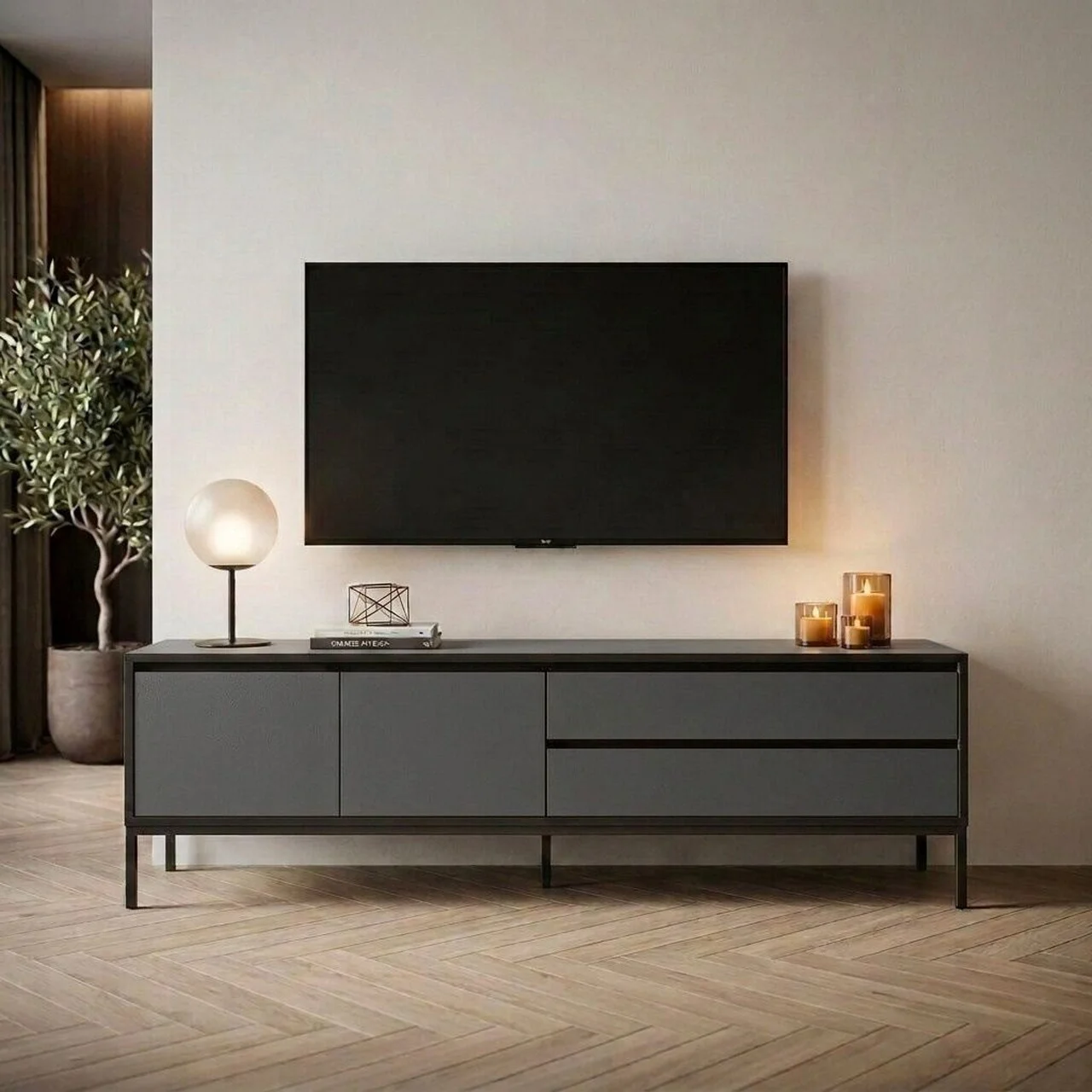 Comoda TV, Hanah Home, Lorenza, 180x55x40 cm, PAL, Antracit / Negru lemn / Negru Comoda TV, Hanah Home, Lorenza, 180x55x40 cm, PAL, Antracit / Negru lemn / Negru
