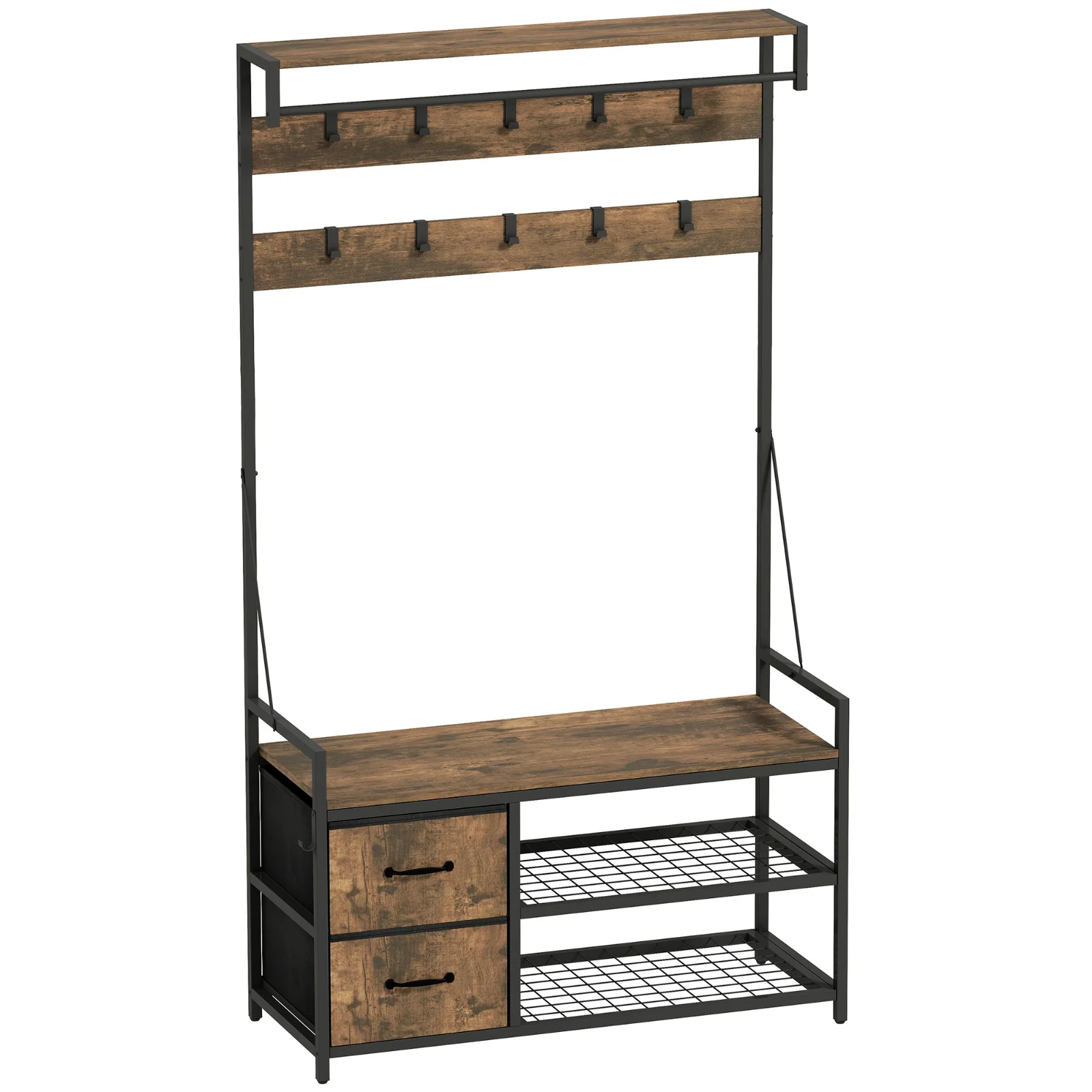 HOMCOM Suport pentru haine 6-în-1 cu raft pentru pantofi, stil industrial, 10 cârlige, 2 sertare textile, metal, maro | Aosom Romania HOMCOM Suport pentru haine 6-în-1 cu raft pentru pantofi, stil industrial, 10 cârlige, 2 sertare textile, metal, maro | Aosom Romania