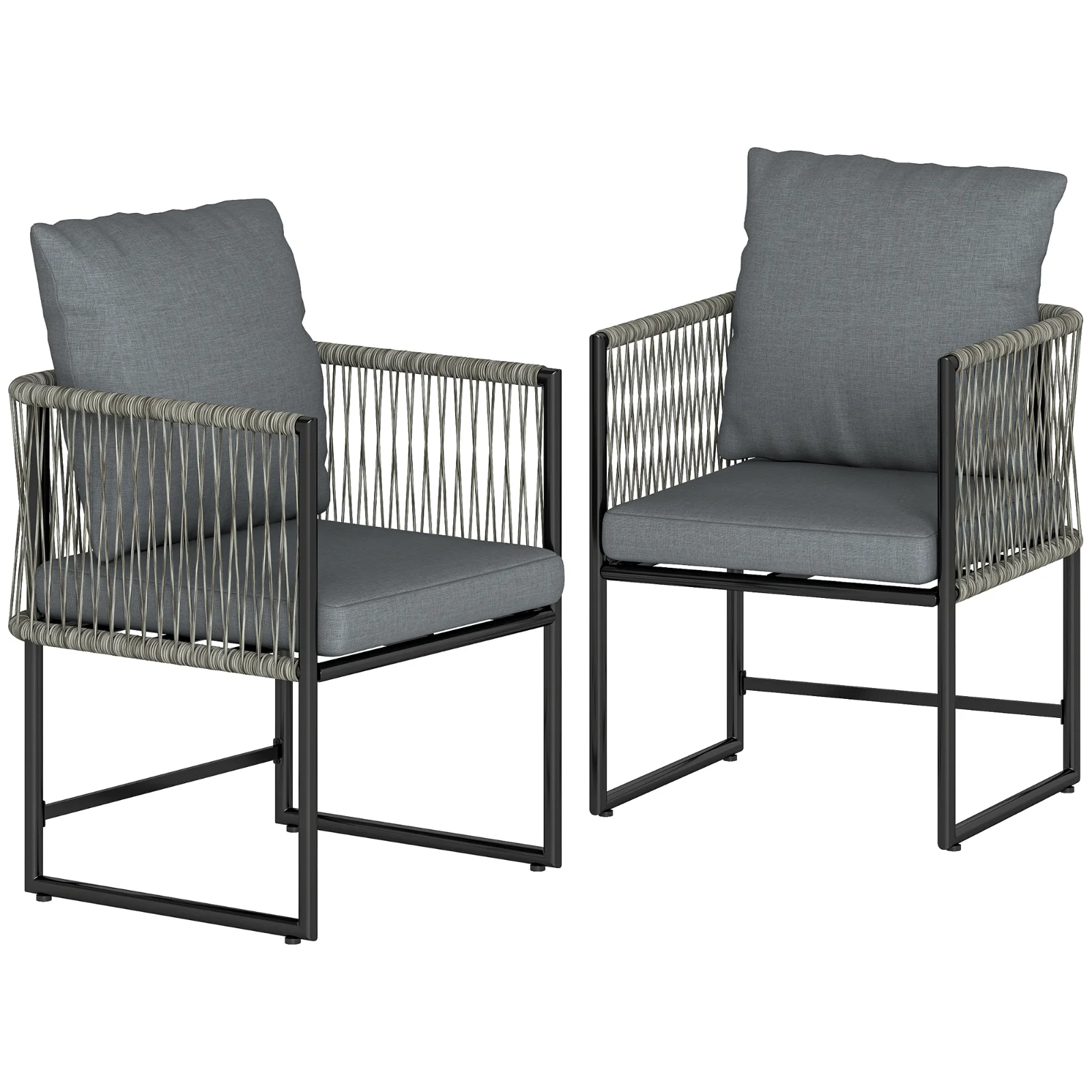 Outsunny Set 2 scaune de grădină rezistente la intemperii din oțel și PE-Rattan cu pernă cotieră spătar 52x52x66 cm Gri închis | Aosom Romania Outsunny Set 2 scaune de grădină rezistente la intemperii din oțel și PE-Rattan cu pernă cotieră spătar 52x52x66 cm Gri închis | Aosom Romania
