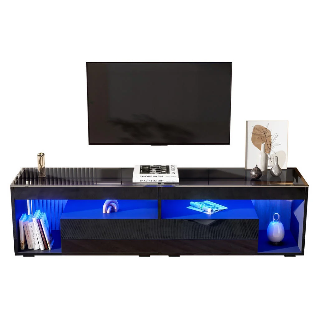 COMODĂ TV Neagră lucioasă cu LED și 2 sertare COMODĂ TV Neagră lucioasă cu LED și 2 sertare