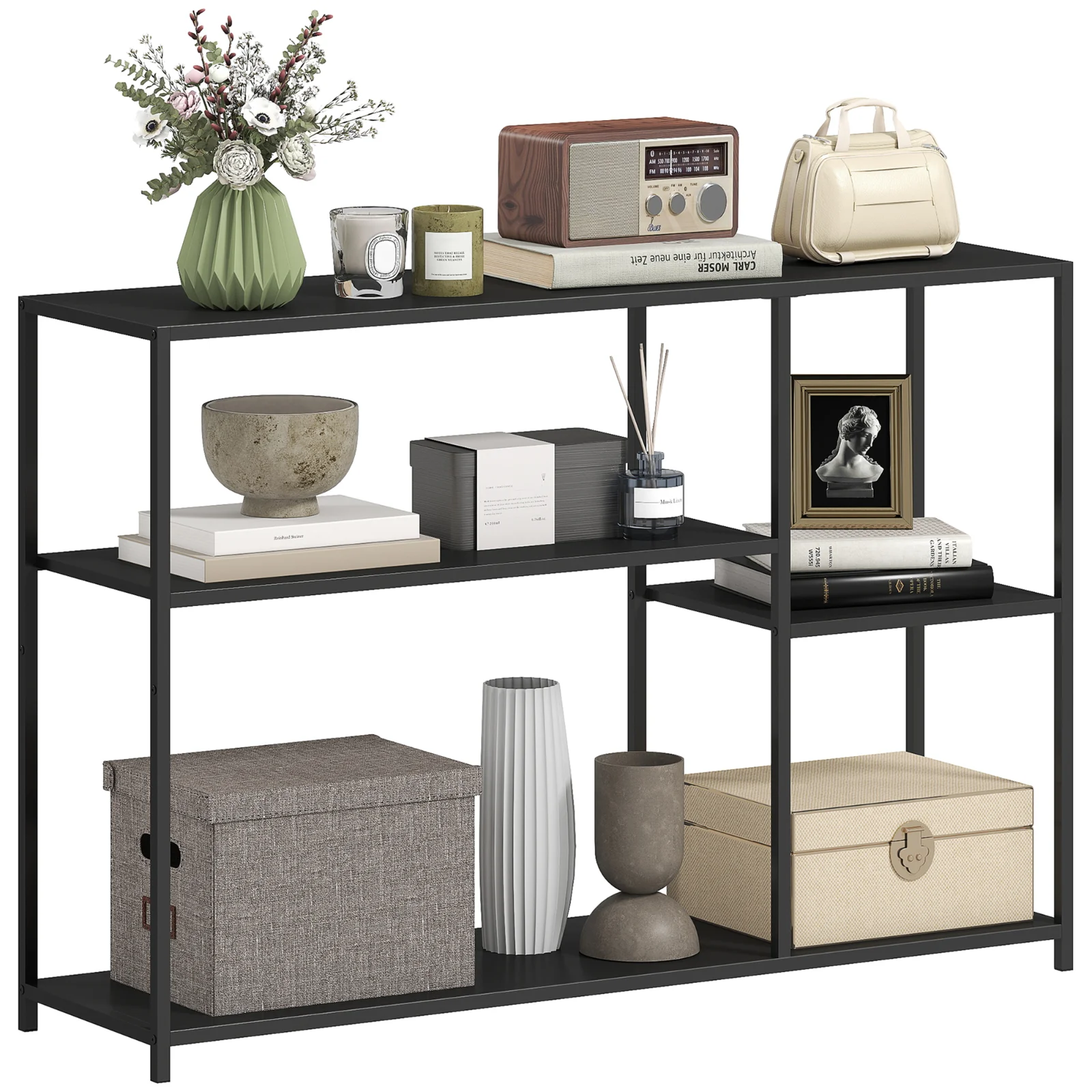 HOMCOM Consolă meuble îngustă cu 4 nivele stil industrial cadru din oțel, 110 x 30 x 75 cm, negru | Aosom Romania HOMCOM Consolă meuble îngustă cu 4 nivele stil industrial cadru din oțel, 110 x 30 x 75 cm, negru | Aosom Romania
