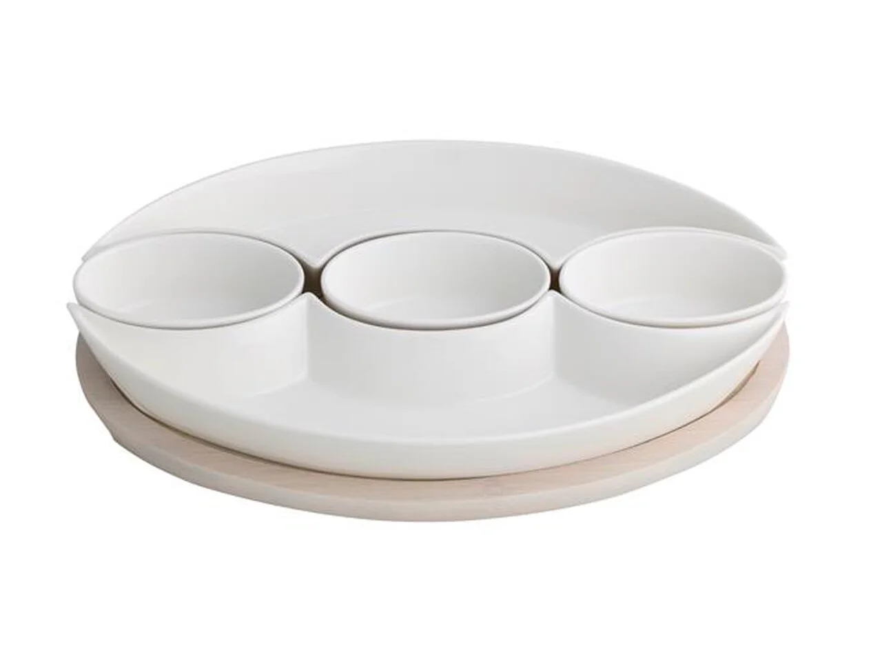Set 5 boluri pentru aperitive si suport, Hors d'oeuvre Dish, Brandani, 31.5x20.5x4 cm, portelan/bambus, alb Set 5 boluri pentru aperitive si suport, Hors d'oeuvre Dish, Brandani, 31.5x20.5x4 cm, portelan/bambus, alb