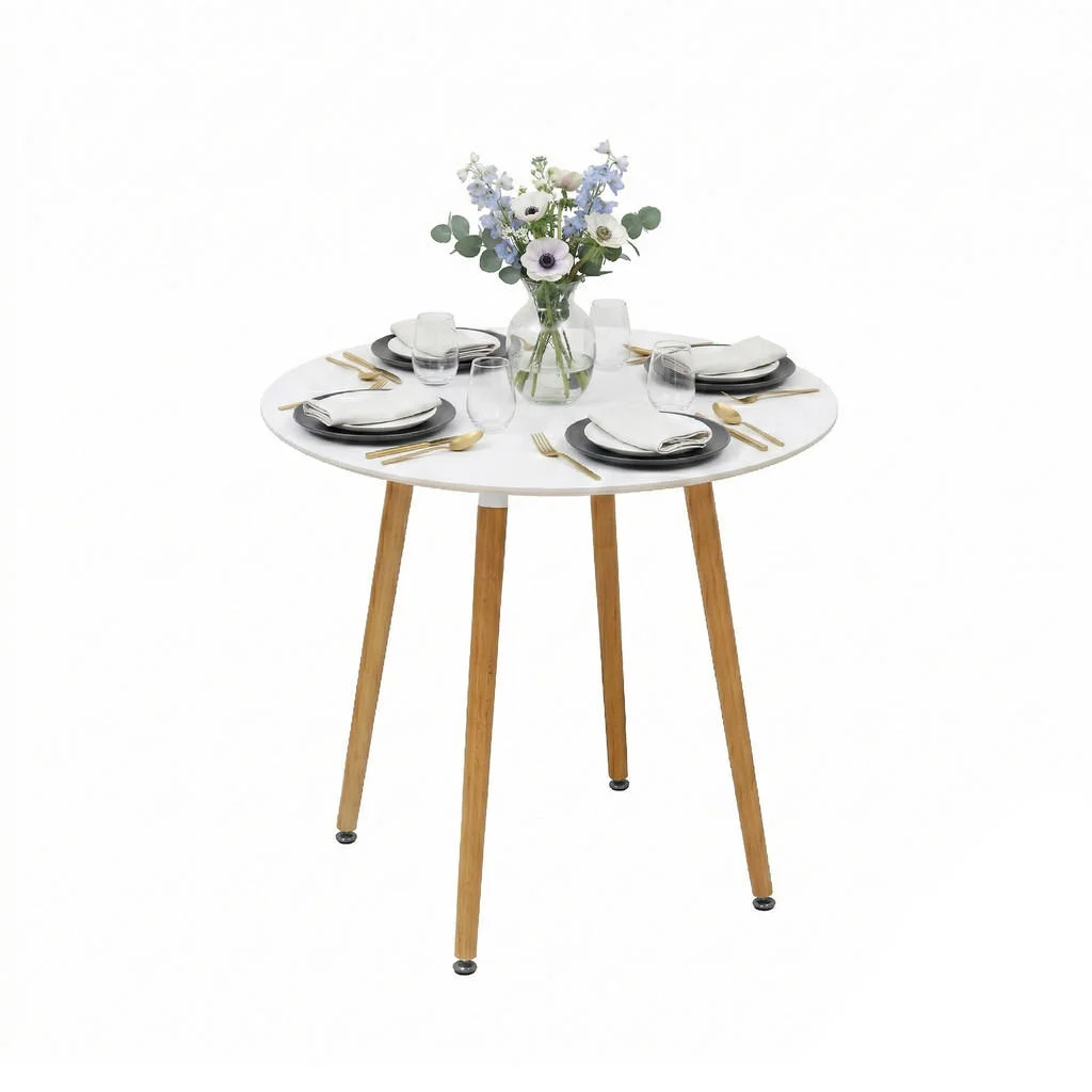 MASĂ Albă de dining rotundă picioare din bambus 80 cm MASĂ Albă de dining rotundă picioare din bambus 80 cm