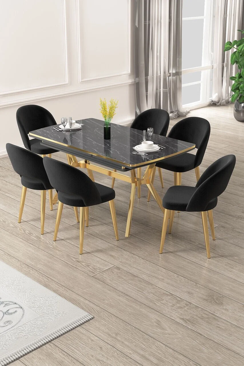 Set masa extensibila si scaune (7 piese), Hanah Home, Weps, Model de marmură neagră / Auriu / Negru Set masa extensibila si scaune (7 piese), Hanah Home, Weps, Model de marmură neagră / Auriu / Negru