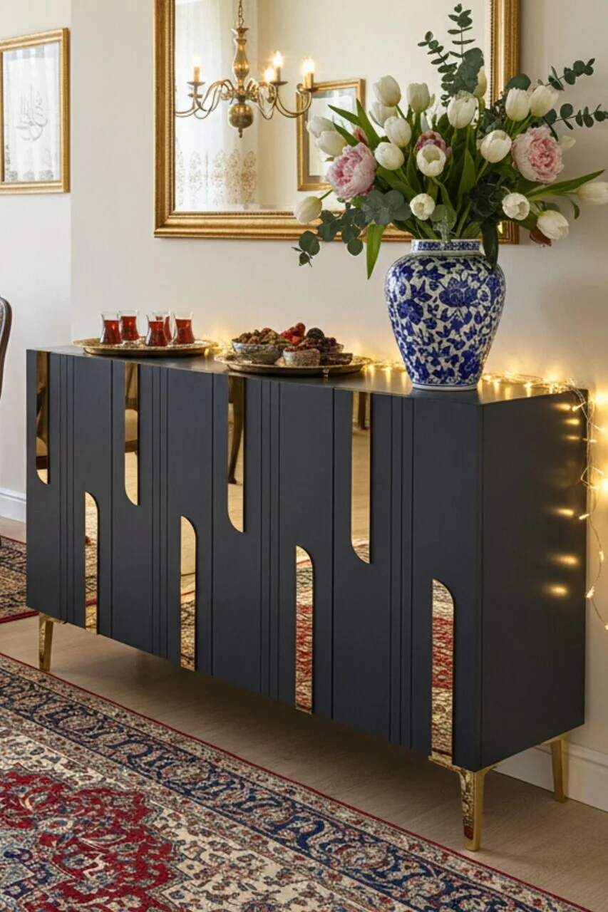 Consola, Hanah Home, Nota 120, 120x75x32 cm, Antracit / Aur Consola, Hanah Home, Nota 120, 120x75x32 cm, Antracit / Aur