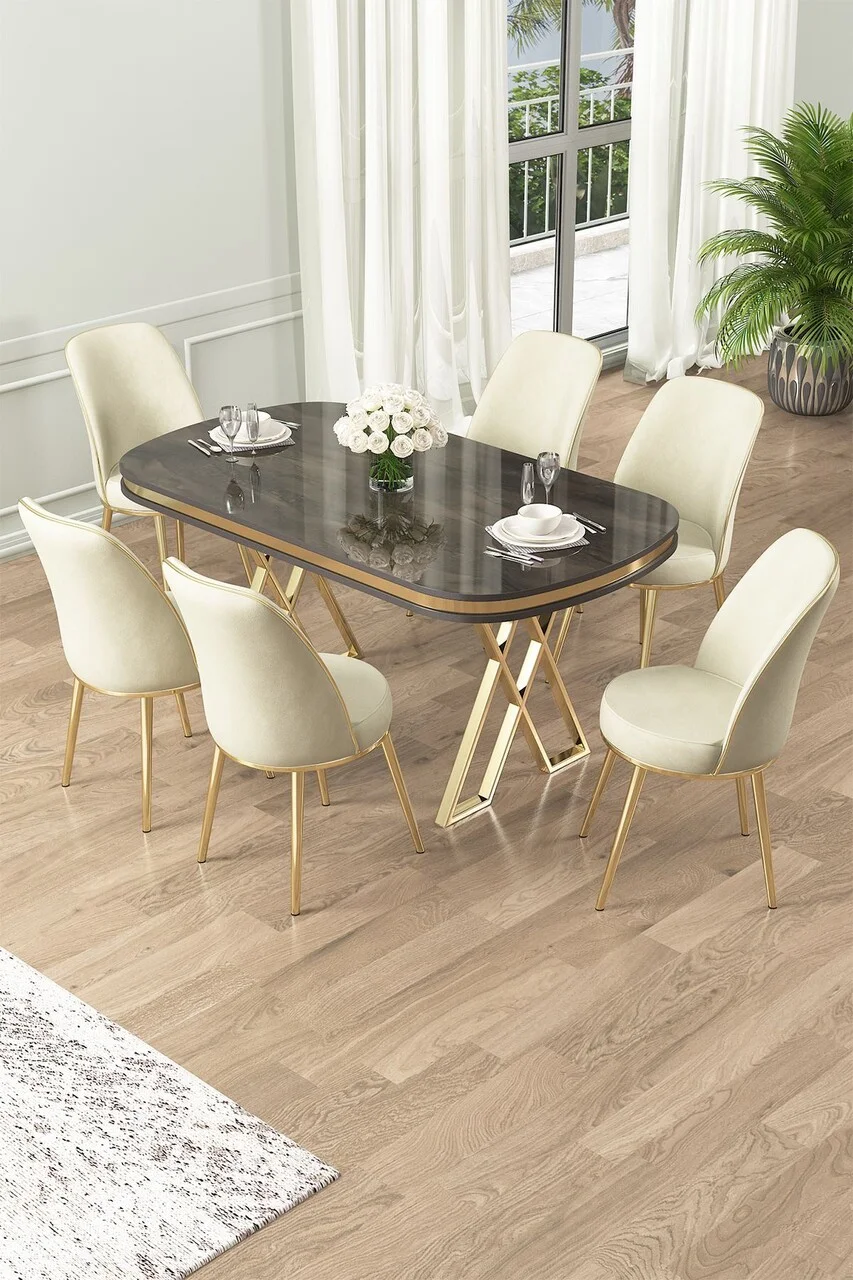 Set masa si scaune (7 piese), Hanah Home, Lai, Antracit / Auriu / Crem Set masa si scaune (7 piese), Hanah Home, Lai, Antracit / Auriu / Crem