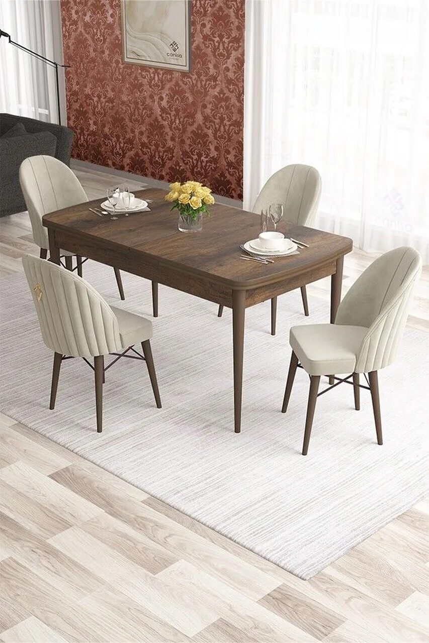 Set masa extensibila si scaune (5 piese), Hanah Home, Elf, Model baroc din lemn / Crem Set masa extensibila si scaune (5 piese), Hanah Home, Elf, Model baroc din lemn / Crem