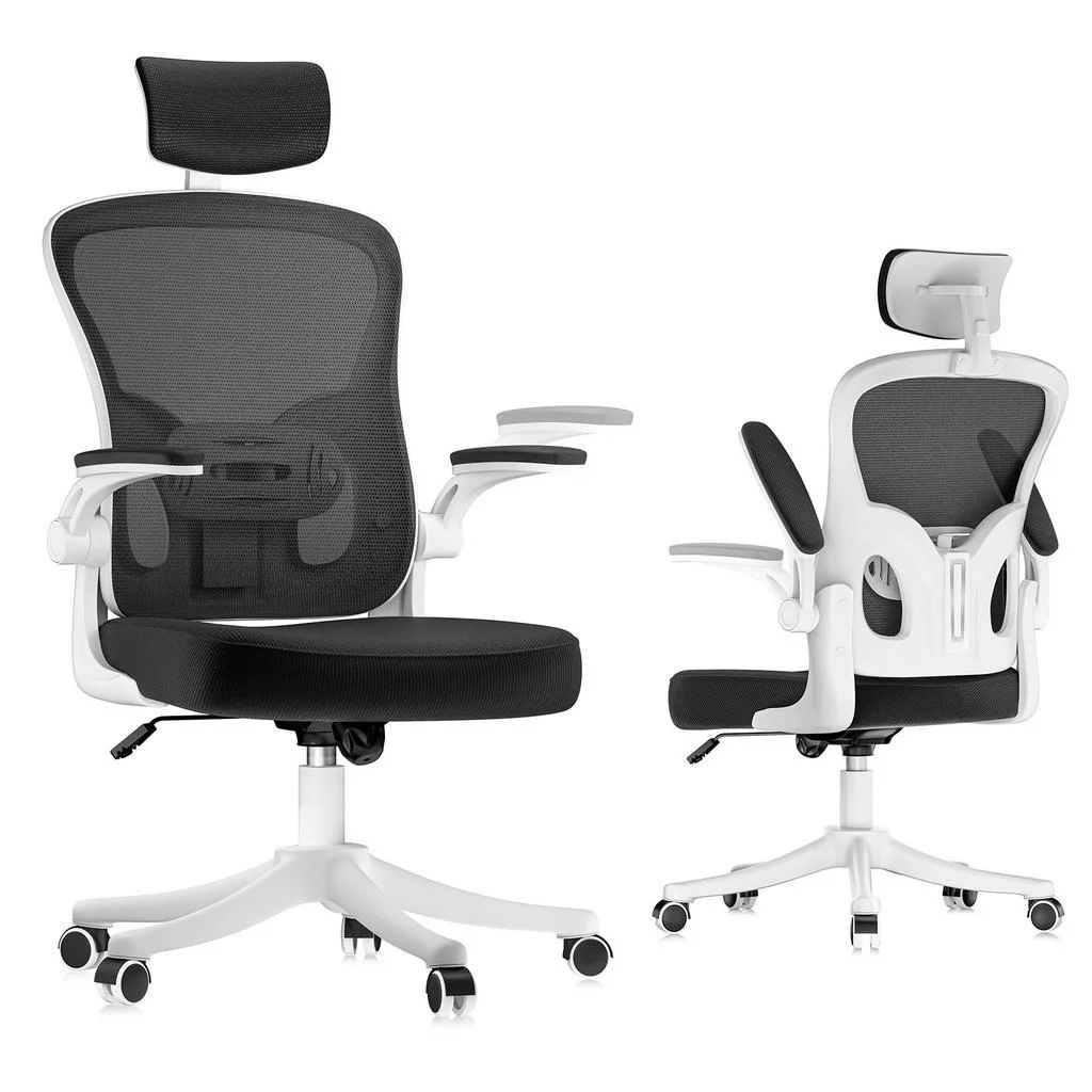 SCAUN DE BIROU ergonomic cu înălțime reglabilă, cotiere rabatabile și tetieră – Alb