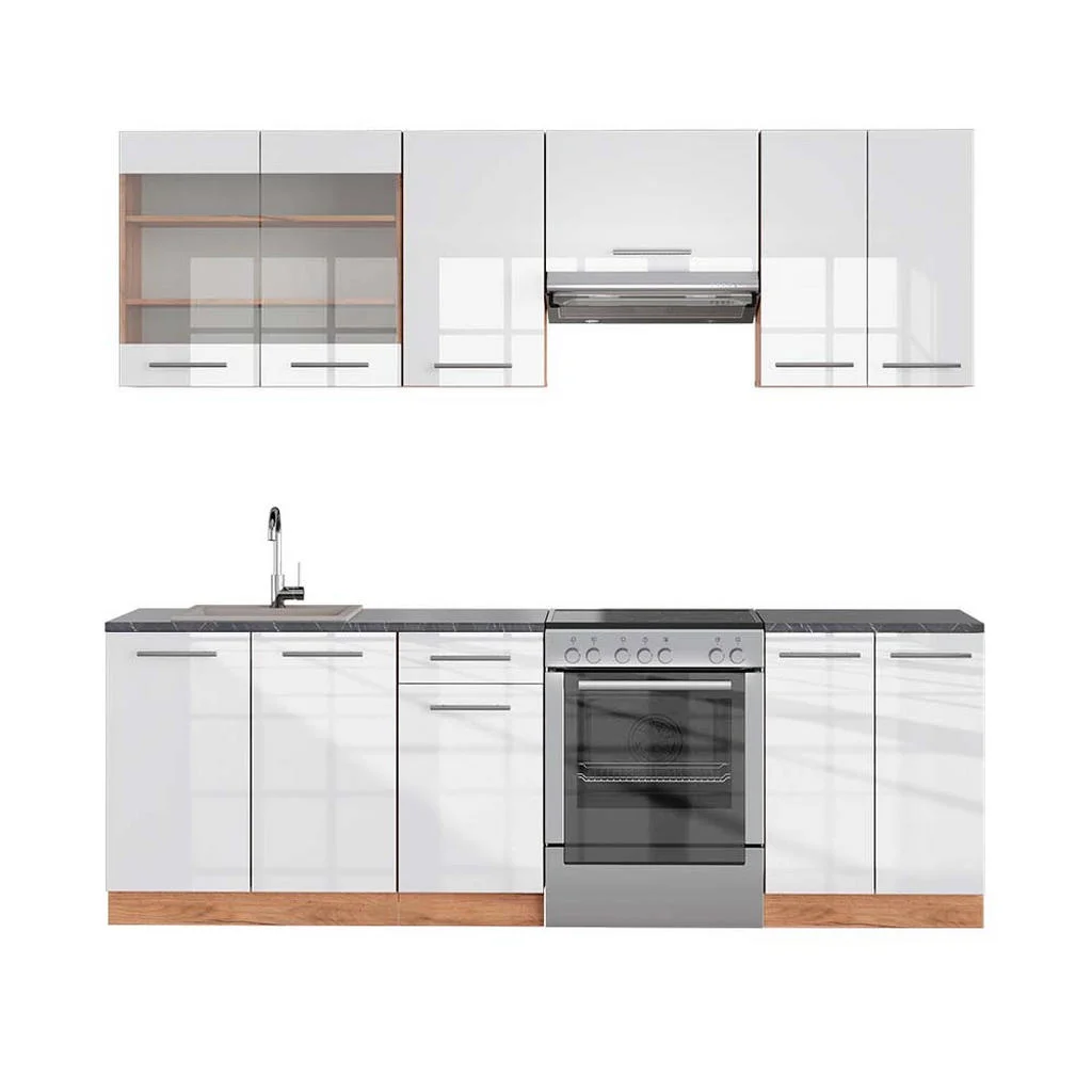 KITCHENETTE Fame-Line Alb lucios/stejar Goldkraft 240 cm , AP Antracit KITCHENETTE Fame-Line Alb lucios/stejar Goldkraft 240 cm , AP Antracit