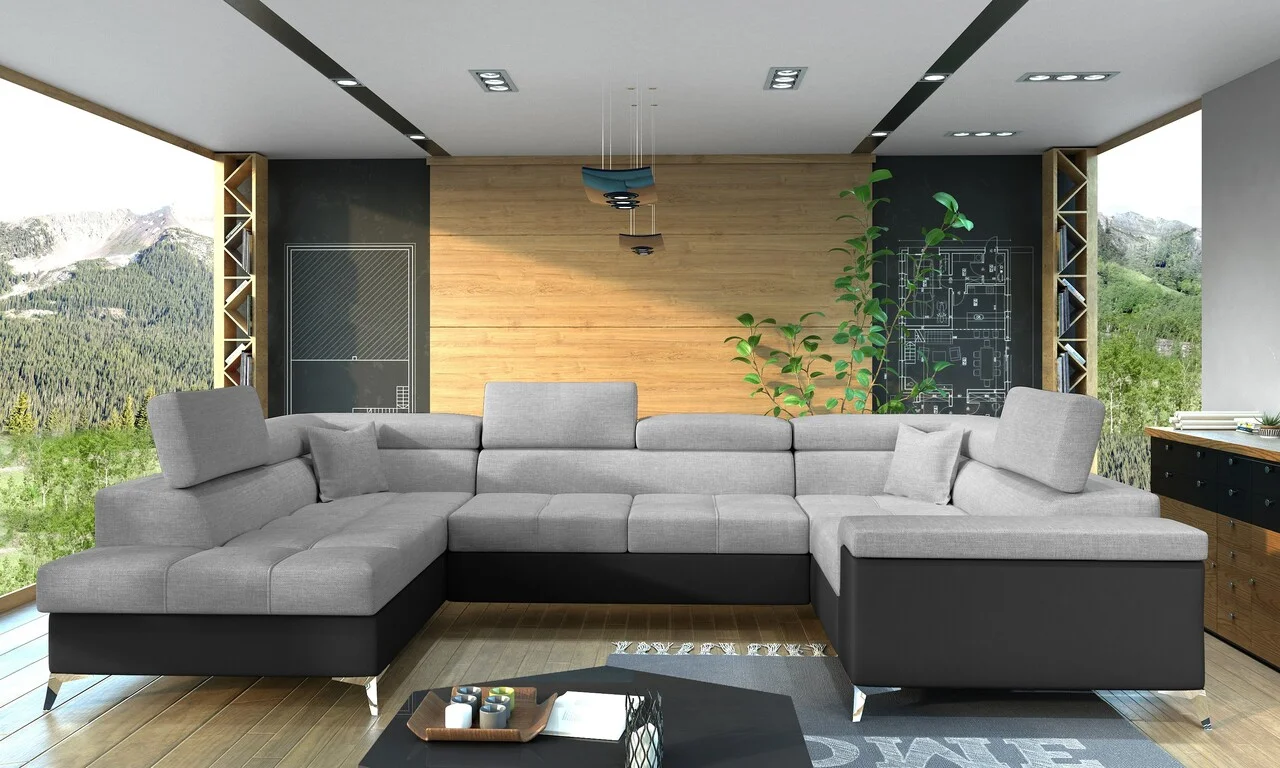 Coltar extensibil stanga 6 locuri ELTAP, Th-31, Thiago, 342x208x88 cm, lemn/poliester, gri deschis/negru Coltar extensibil stanga 6 locuri ELTAP, Th-31, Thiago, 342x208x88 cm, lemn/poliester, gri deschis/negru