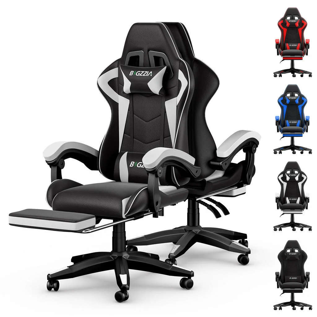 SCAUN GAMING cu înălțime reglabilă, suport pentru picioare și pernă lombară – Negru/Alb