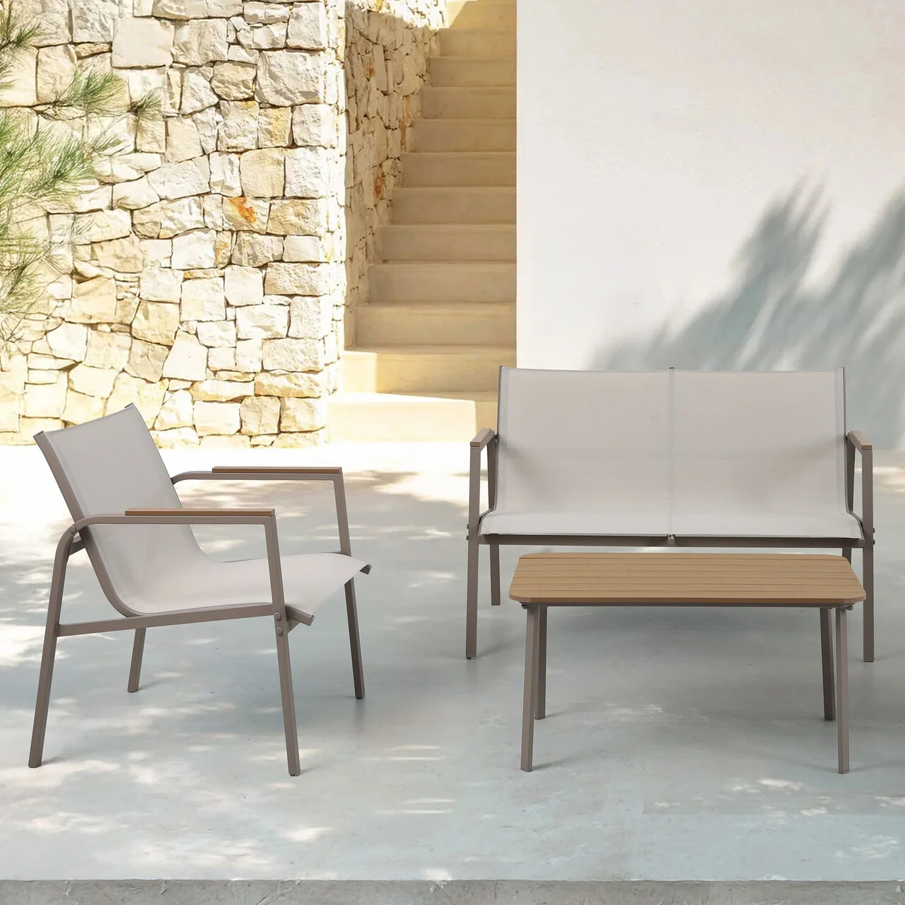 Set mobilier gradina/terasa, 2 fotolii + canapea + masuta Parma, 62x72x81 cm/ 119x70x81 cm/ 85x45x41 cm, otel/textilina, bej/natur Set mobilier gradina/terasa, 2 fotolii + canapea + masuta Parma, 62x72x81 cm/ 119x70x81 cm/ 85x45x41 cm, otel/textilina, bej/natur