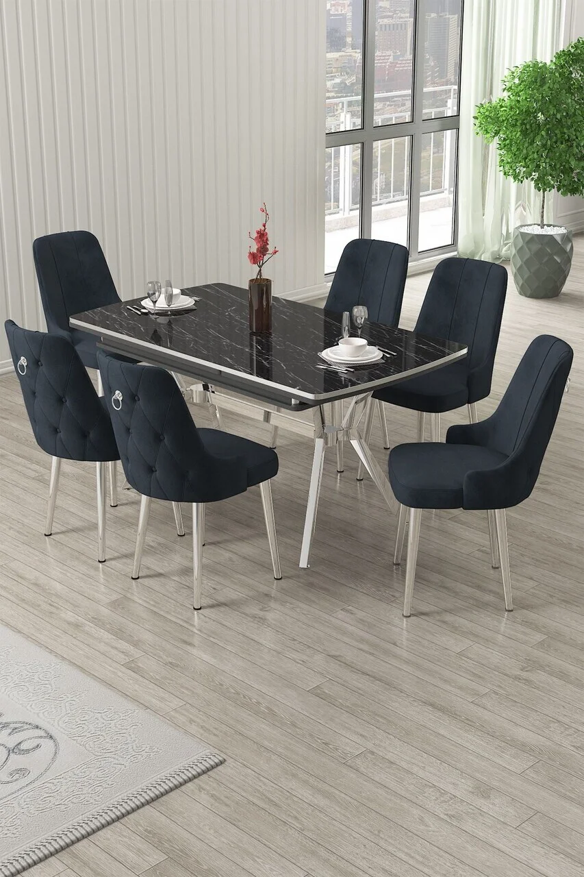 Set masa extensibila si scaune (7 piese), Hanah Home, Nis, Model de marmură neagră / Crom / Antracit Set masa extensibila si scaune (7 piese), Hanah Home, Nis, Model de marmură neagră / Crom / Antracit