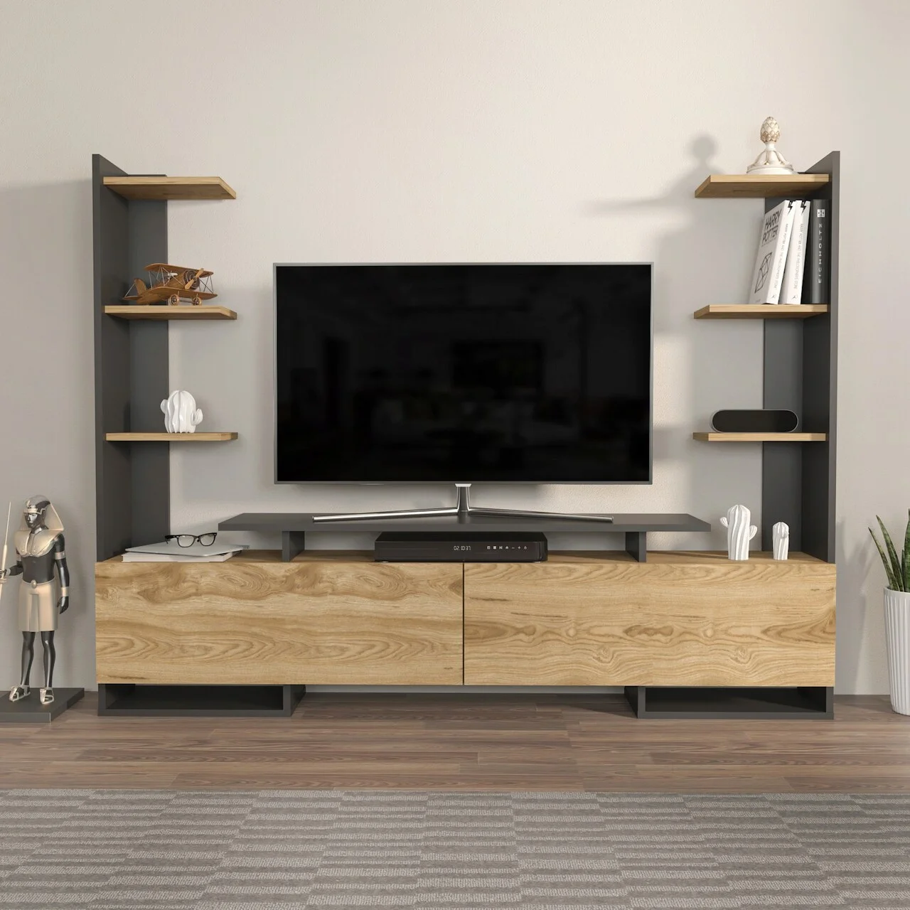Comoda TV, Hanah Home, Ava, 183.6x140x31.7 cm, Stejar / Negru Comoda TV, Hanah Home, Ava, 183.6x140x31.7 cm, Stejar / Negru