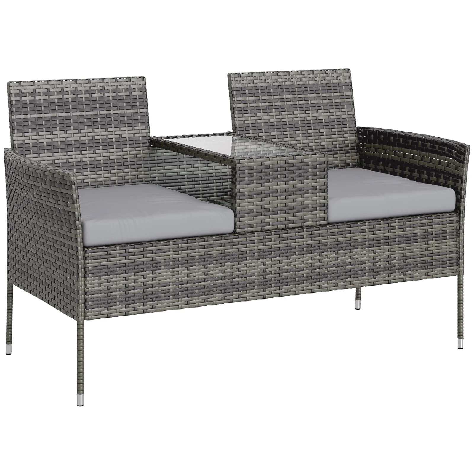 Outsunny Bancă de Grădină cu 2 Locuri din Rattan și Oțel, Bancă de Exterior cu Perne și Măsuță Centrală cu Blat din Sticlă Securizată, 135x64x81 cm, Gri Închis | Aosom Romania Outsunny Bancă de Grădină cu 2 Locuri din Rattan și Oțel, Bancă de Exterior cu Perne și Măsuță Centrală cu Blat din Sticlă Securizată, 135x64x81 cm, Gri Închis | Aosom Romania