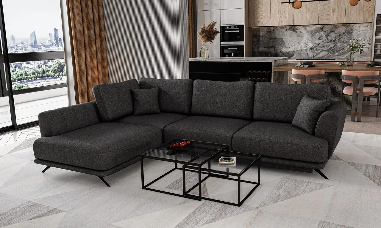 Coltar extensibil stanga 4 locuri ELTAP, LT-05VER, Larde, 286x191x90 cm, lemn/poliester, gri inchis Coltar extensibil stanga 4 locuri ELTAP, LT-05VER, Larde, 286x191x90 cm, lemn/poliester, gri inchis
