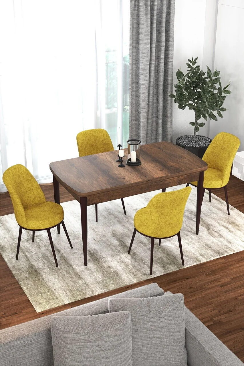 Set masa extensibila si scaune (5 piese), Hanah Home, Via, Model baroc din lemn / Muștar Set masa extensibila si scaune (5 piese), Hanah Home, Via, Model baroc din lemn / Muștar