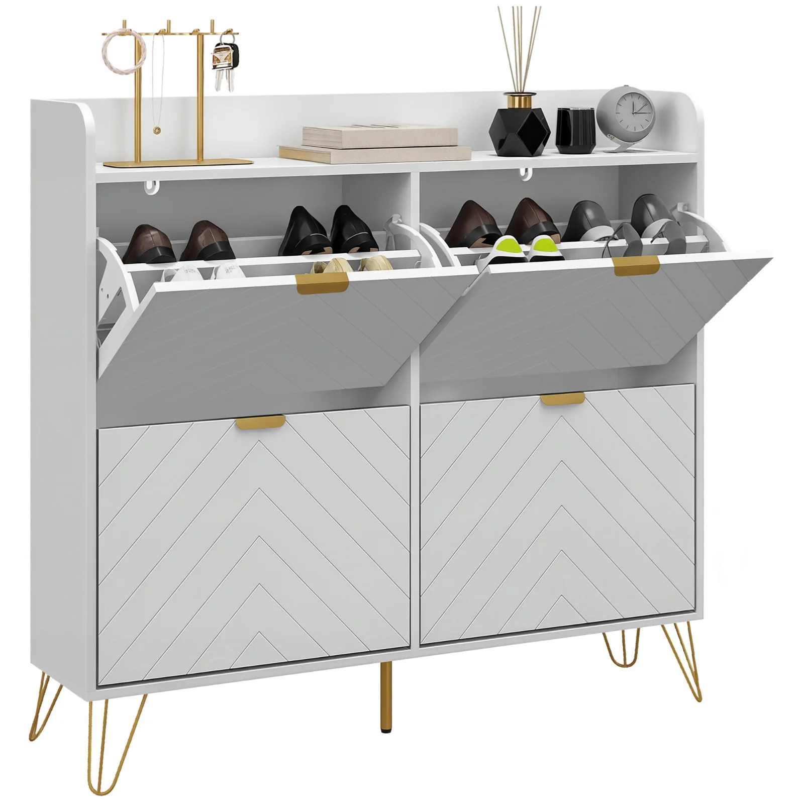 HOMCOM Dulap pentru încălțăminte 4 abtibilduri, cu raft reglabil, depozitare încălțăminte 106 x 24 x 102 cm, alb | Aosom Romania HOMCOM Dulap pentru încălțăminte 4 abtibilduri, cu raft reglabil, depozitare încălțăminte 106 x 24 x 102 cm, alb | Aosom Romania