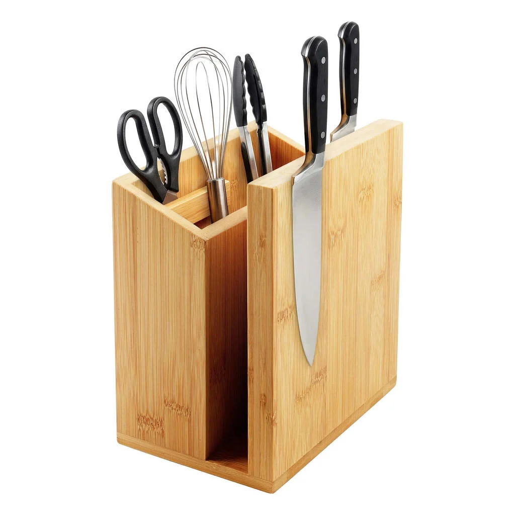BLOC CUȚITE natural magnetic bambus cu suport pentru ustensile BLOC CUȚITE natural magnetic bambus cu suport pentru ustensile