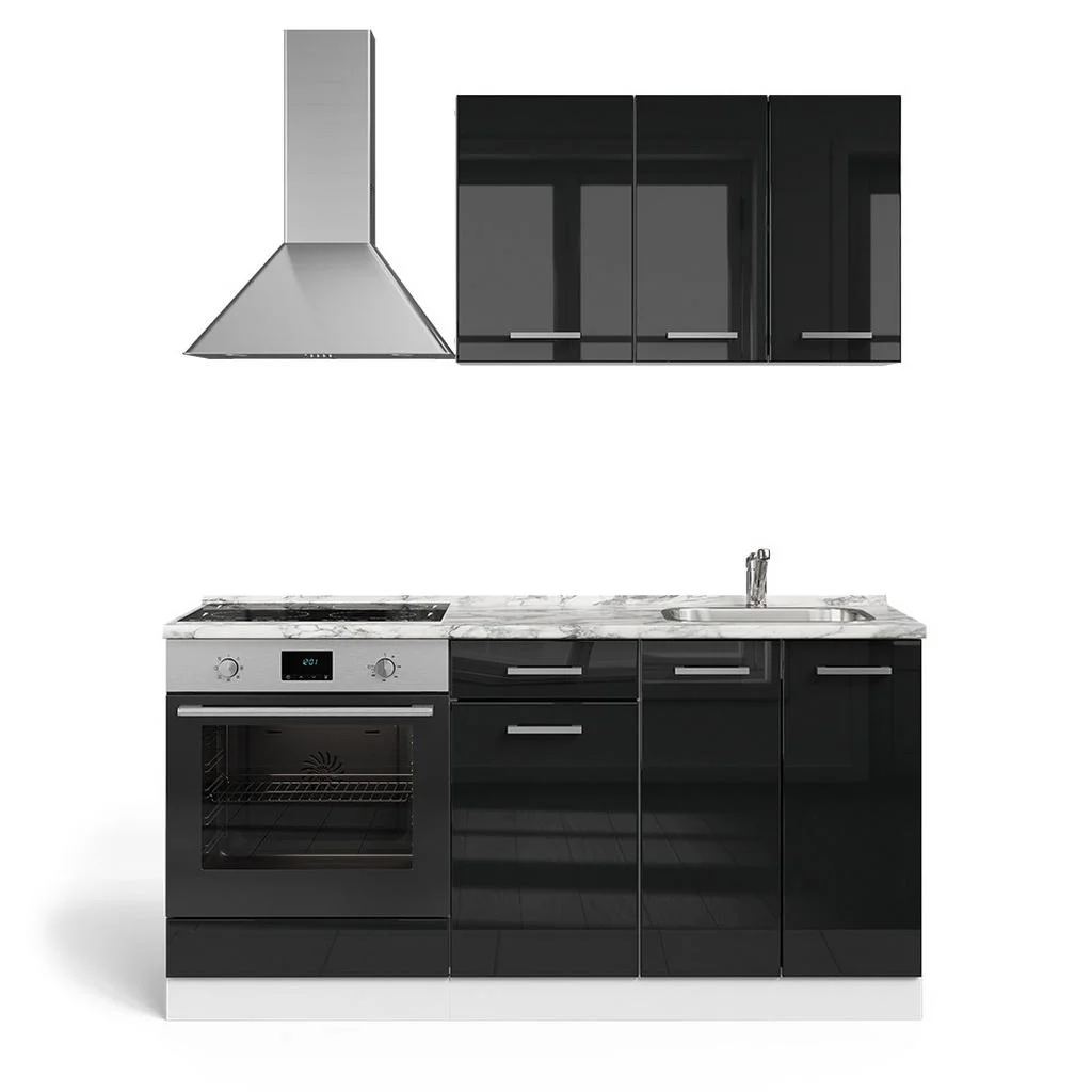 BUCĂTĂRIE SIMPLĂ R-Line Negru lucios/alb 160 cm cu dulap pentru cuptor încorporat fara blat BUCĂTĂRIE SIMPLĂ R-Line Negru lucios/alb 160 cm cu dulap pentru cuptor încorporat fara blat