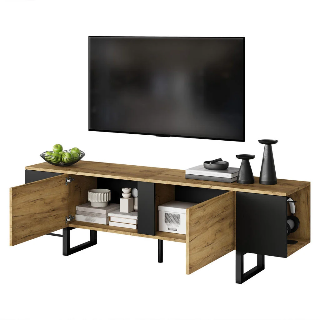 COMODĂ TV 180x40x55cm cu 2 dulapuri și rafturi deschise COMODĂ TV 180x40x55cm cu 2 dulapuri și rafturi deschise