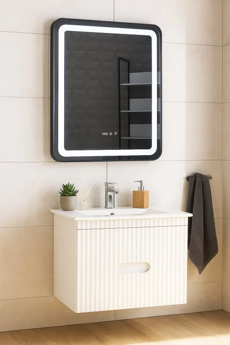 Set Baza front MDF cu Lavoar si Oglinda cu iluminare LED, seria 009, suspendata, cu sertare, 70 cm, alb Set Baza front MDF cu Lavoar si Oglinda cu iluminare LED, seria 009, suspendata, cu sertare, 70 cm, alb