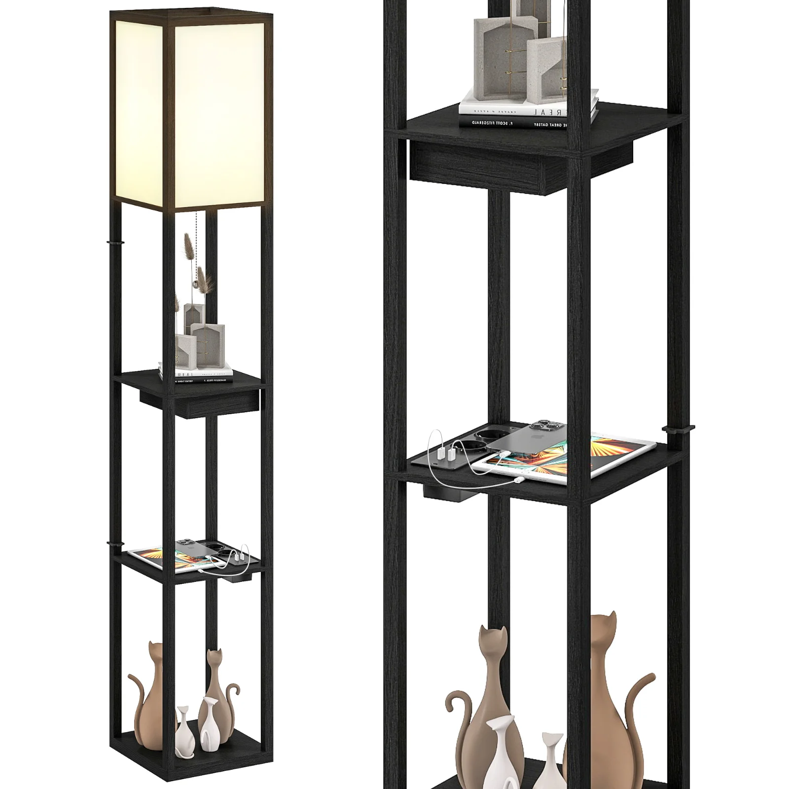 HOMCOM Lampadaire modern cu LED-uri și rafturi cu port USB A+C, comutator la picior pentru salon, cameră, birou, negru | Aosom Romania HOMCOM Lampadaire modern cu LED-uri și rafturi cu port USB A+C, comutator la picior pentru salon, cameră, birou, negru | Aosom Romania